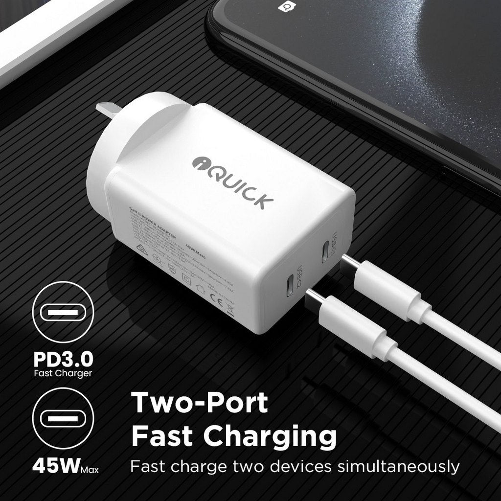iQuick Dual USB C + C Wall Plug 45W