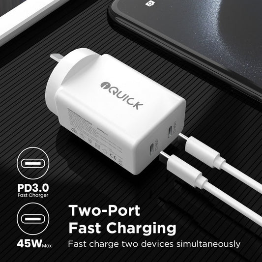 iQuick Dual USB C + C Wall Plug 45W